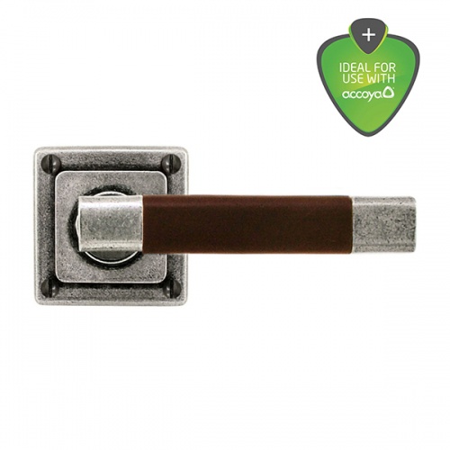 Finesse Jedburgh Jesmond Pewter and Chocolate Leather Door Handle on Square Rose